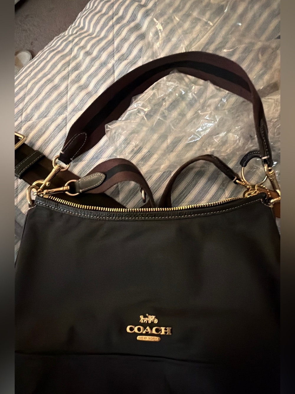 Coach Black Nylon Shoulder Bag with Brown Strap and Gold Hardware